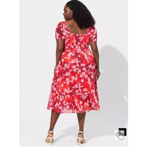 Torrid Midi Lined Lace Up Sweetheart Neckline Dress 2X 18-20 Floral Ruffle Red - Picture 11 of 12
